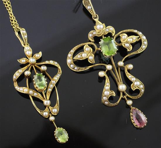 Two Edwardian Art Nouveau 15ct gold, seed pearl and gem set drop pendants, largest 2in ex. bale.